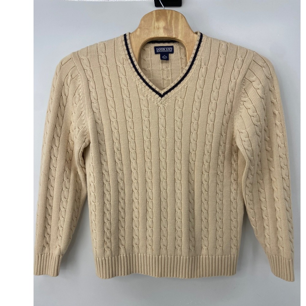 Vintage Cable Knit Tennis Sweater Men Medium Beige Preppy Academic Japan V Neck